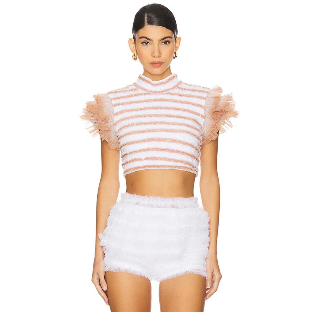 Revolve Shirred Cropped Top With Puff Sleeves Susan Fang Size S Nwt $517 Msrp
